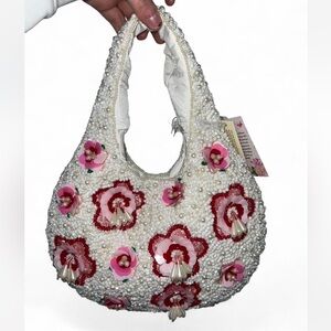 Viral Handcrafted White Pink and Red Floral Beaded Handbag Made in India